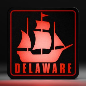 Zoom view of LED hitch cover featuring the Delaware ship