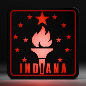 Zoom view of LED hitch cover featuring the Indiana torch