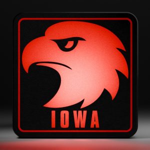 Zoom view of LED hitch cover featuring the Iowa hawk